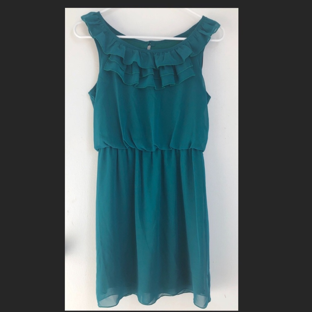 Teal ruffle neck party dress size S